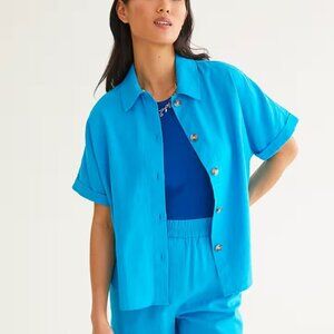 🐈Reitmans Linen Blend Button Up Blouse Blue S